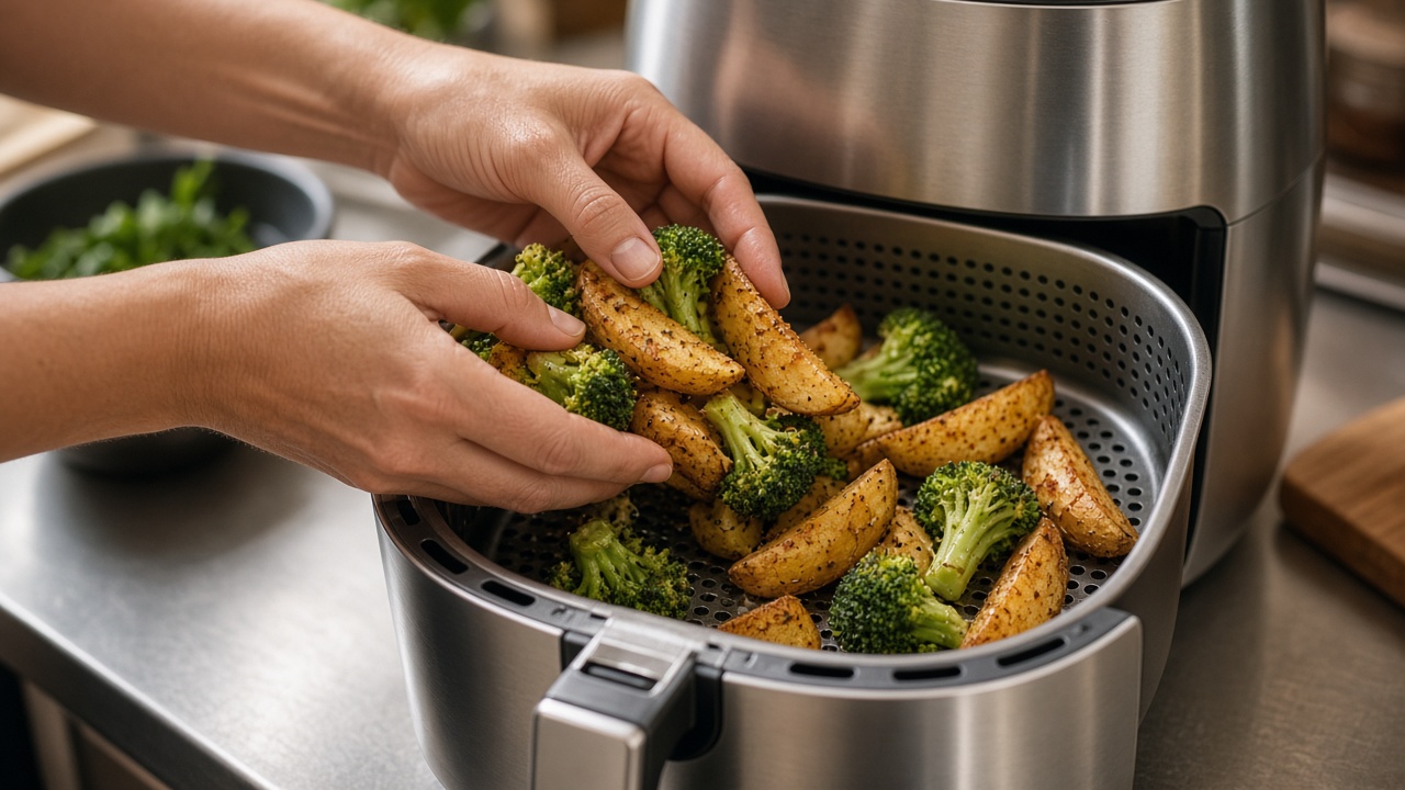 Verduras y patata sazonadas en la cesta de freidora de aire