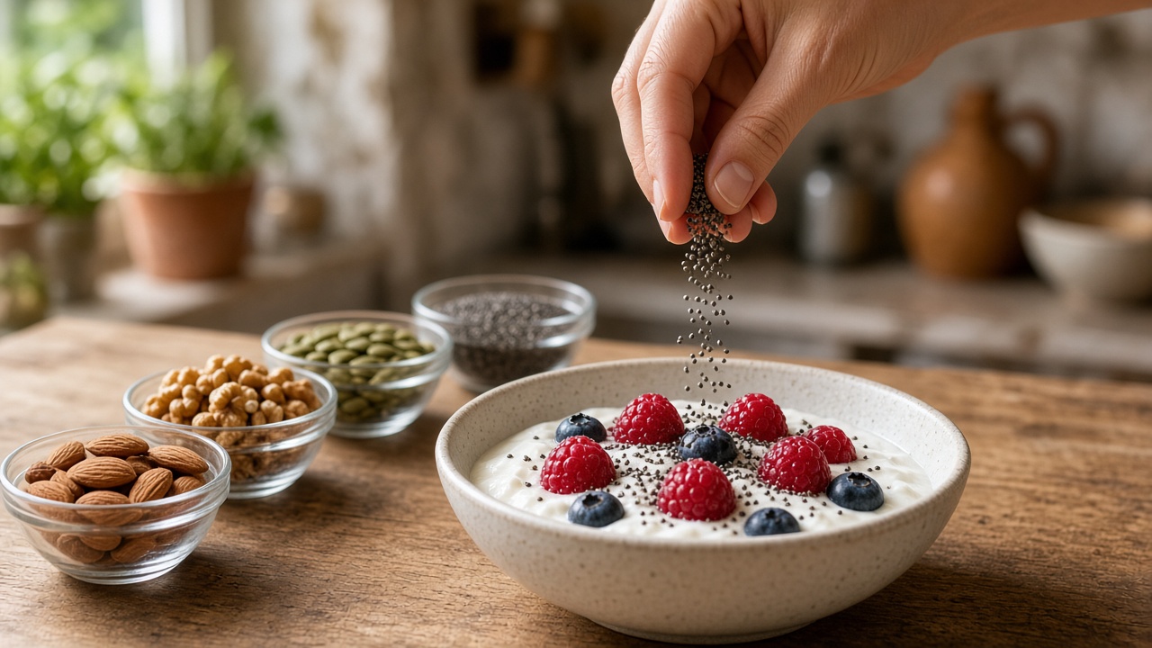 Bowl con frutos secos y semillas sobre mesa de cocina, alimentación saludable