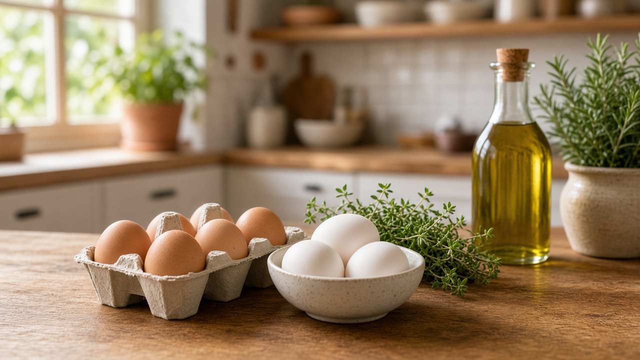 Huevos frescos y utensilios de cocina sobre encimera de madera, alimentación diaria saludable