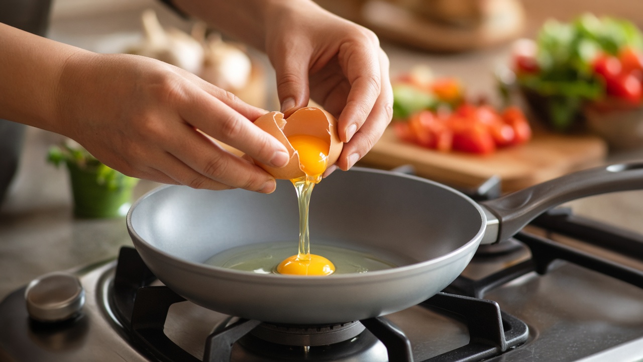 Cocinando huevos en sartén en una cocina doméstica