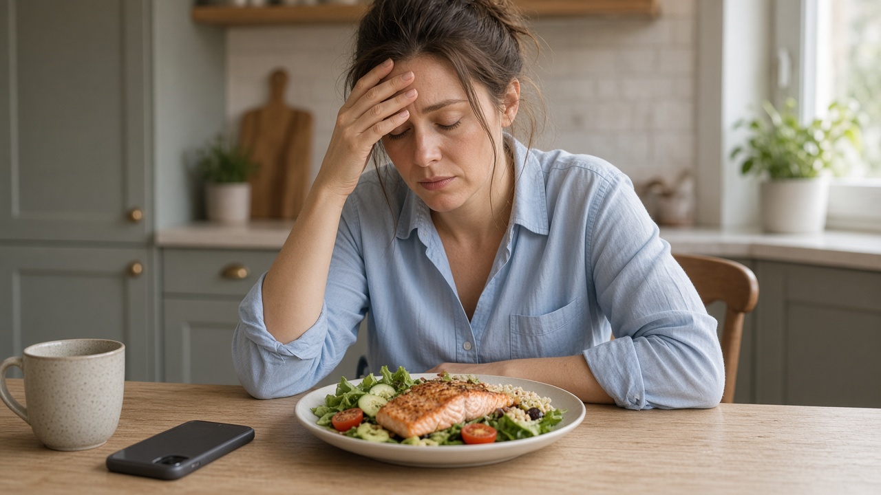 Persona en cocina tomando un almuerzo equilibrado en pausa de teletrabajo