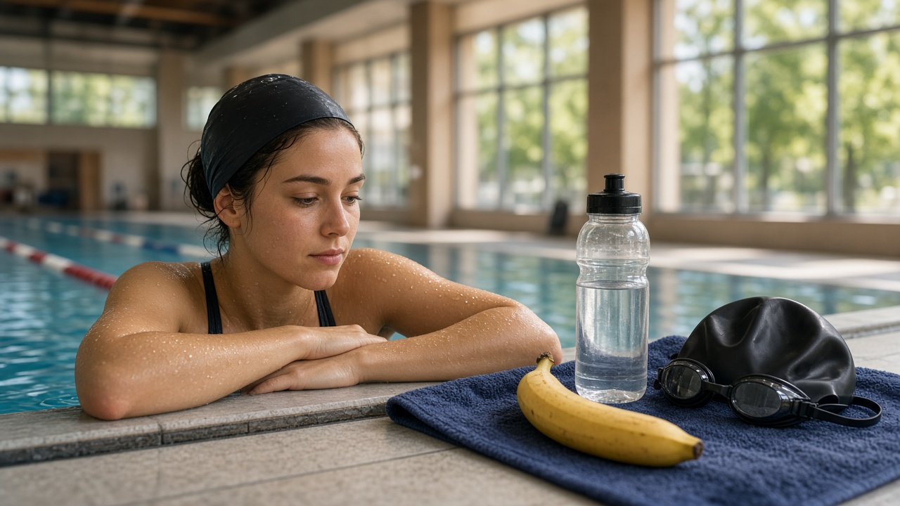 Nadador en piscina con botella de agua y fruta tras entrenar