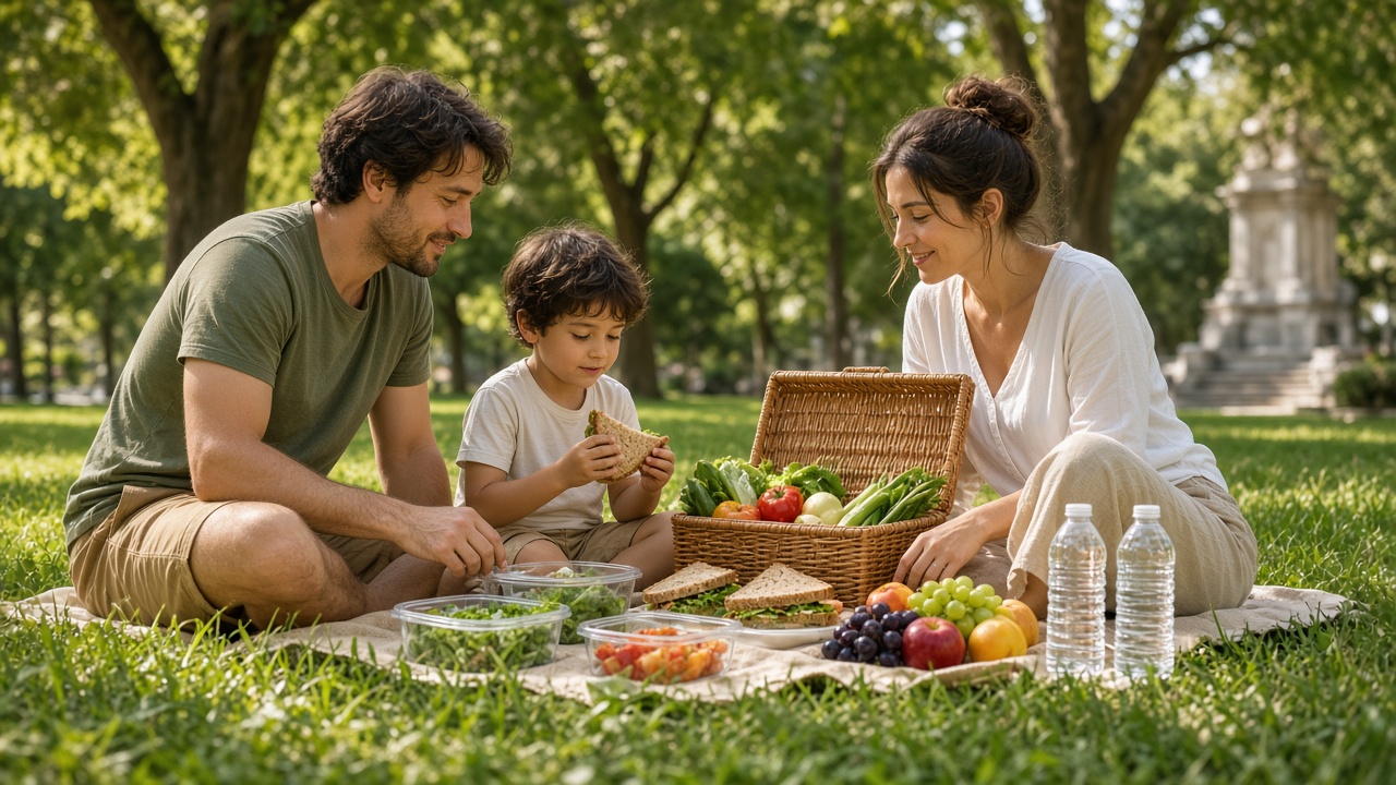 Familia disfrutando un picnic saludable en un parque con verdura, fruta y agua