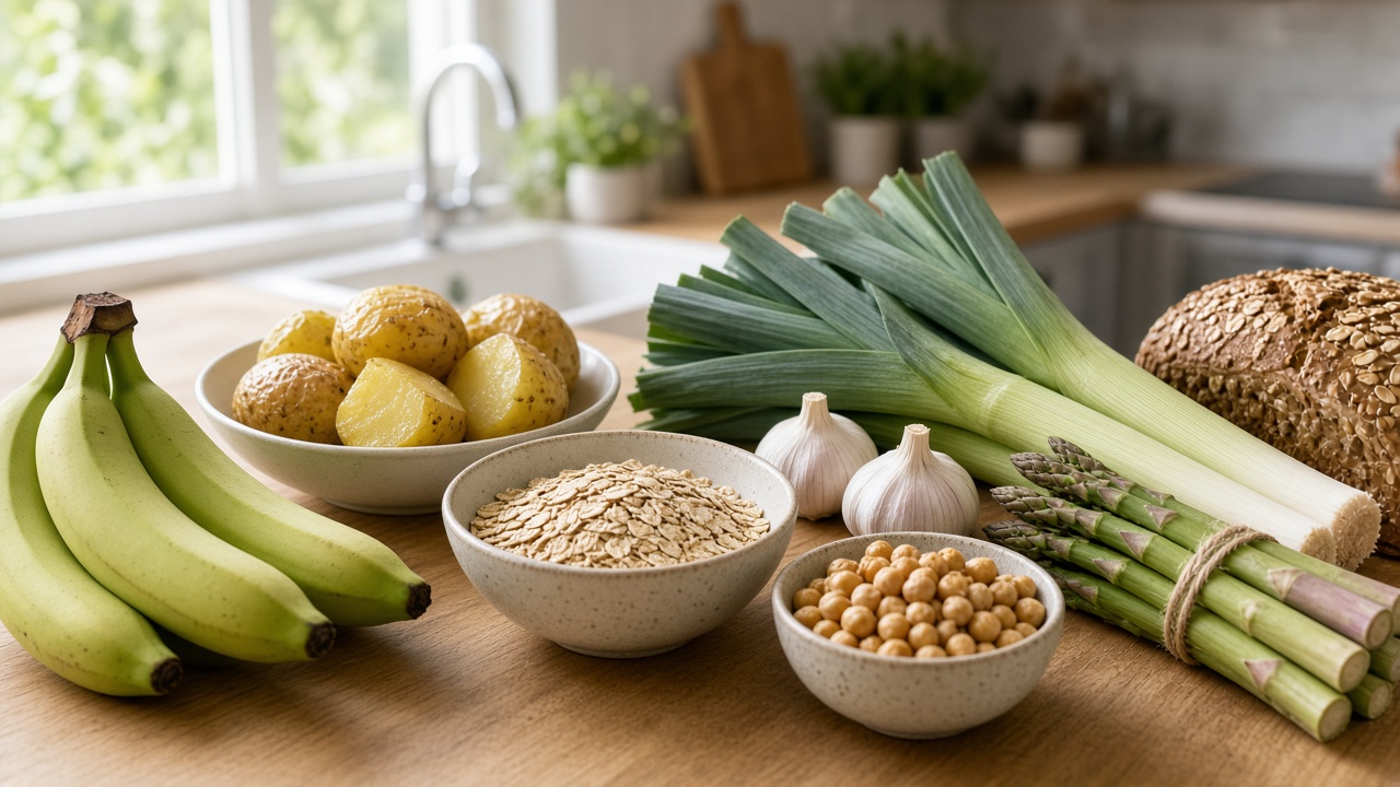 Mesa de cocina con alimentos prebióticos: avena, legumbres, verduras y plátano en luz natural