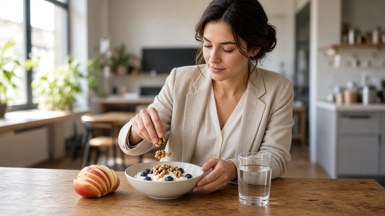 Mujer preparando un tentempié saludable con yogur, frutos secos y fruta en una cocina de oficina