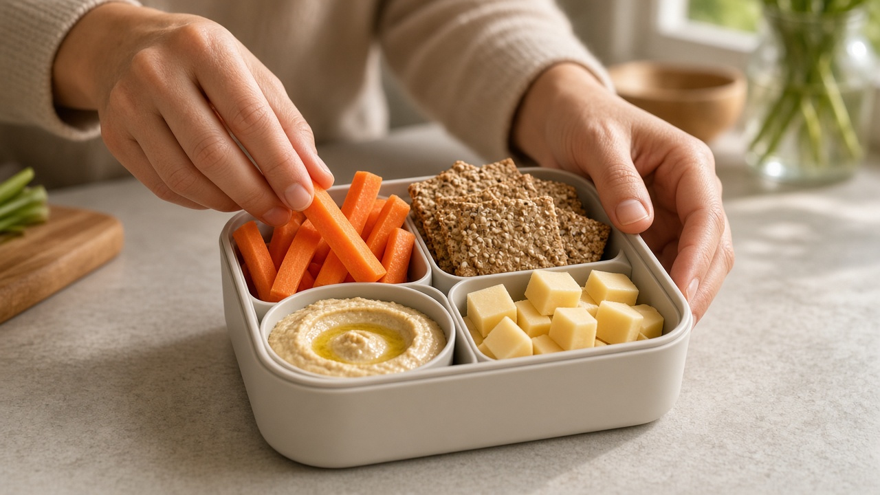 Táper con hummus, verduras y crackers integrales preparado como tentempié entre comidas